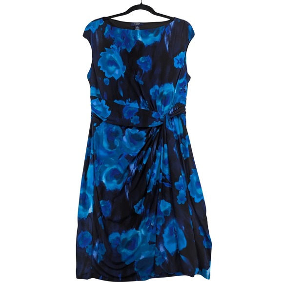 Chaps Dresses & Skirts - Chaps Blue Black Floral Sleeveless Knee Length Dress XL Boat Neck Twist Front